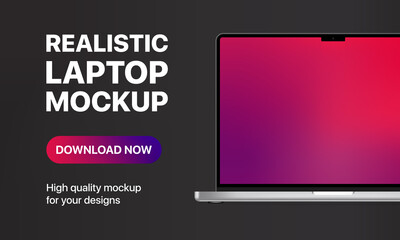 Realistic laptop mockup with blank screen. Download now button. Can be used for business, advertising or marketing. Vector illustration - obrazy, fototapety, plakaty