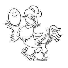 The rooster boasts of the egg. Outline drawing of a comical rooster.