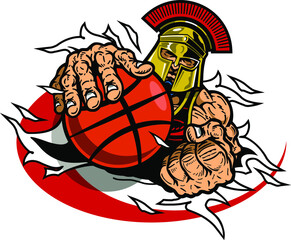 greek spartan mascot holding basketball ripping through the background for school, college or league
