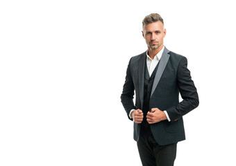 grizzled man in formal tux isolated on white with copy space