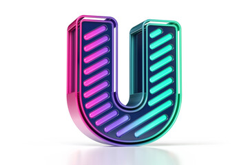 Led tubes style typography in 3D. Cybernetic style U letter in pink to teal gradient. High quality 3D rendering.