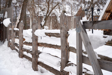 rustic winter landscapes, wooden houses and fences