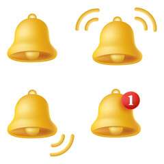 Set of 3d notification bells isolated on white background. Vector