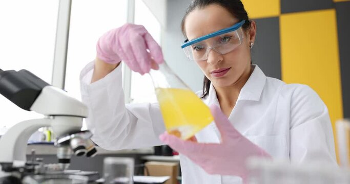 Scientist stirs yellow oily liquid in flask in laboratory