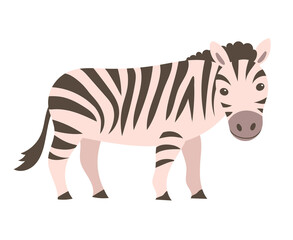 Cute cartoon striped zebra. African herbivore. Hoofed wild animal. Child character. Flat illustration isolated on white background