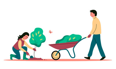 A family couple is planting a tree sapling. A man with a wheelbarrow, a woman digs the soil with a shovel. Caring for nature and ecology. Flat illustration isolated on white background - obrazy, fototapety, plakaty