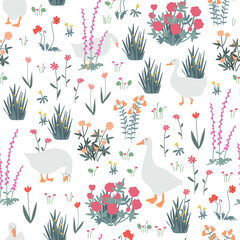 Nettes nahtloses Muster mit Gänse- und Gekritzelblumen. Gänse im Frühlingsgarten. Vektor-Illustration