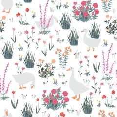 Fotobehang Scandinavische stijl Leuk naadloos patroon met gans en krabbelbloemen. Ganzen in de lentetuin. vector illustratie