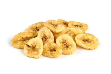 Dried banana slices isolated on white background.