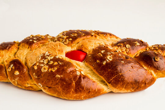 Traditional Turkish,Istanbul Fragrant Easter Bread,Paskalya Coregi with red colored Easter Egg in.