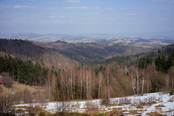 View near Koziarz mountain 943 m above sea level in Carpathian Mountains in Poland 
