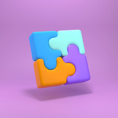 3D puzzle pieces on a purple background. Solving problems and tasks, business concept. 3d render illustration.