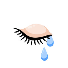 Crying eye with tears. Closed eyelid with eyelashes. Stress and frustration. Flat cartoon