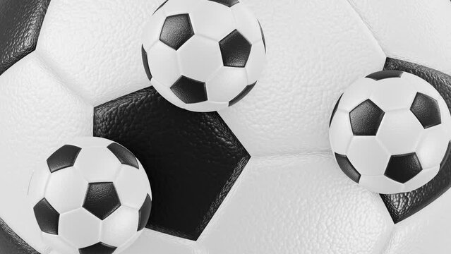 Realistic satisfying looping 3D animation of the big spinning soccer football ball with orbital rolling small balls as satellites rendered in UHD as motion background