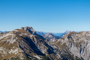 Panoramic view on the mountain peaks of the Hochschwab Region in Upper Styria, Austria. Sharp summits of Ebenstein and Hinterer Polster, Alps in Europe. Climbing tourism, wilderness. Concept freedom