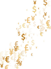 Euro dollar pound yen gold icons scatter currency vector background. Success backdrop. Currency