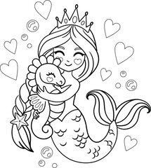 Princess mermaid hugs a seahorse. Vector illustration for coloring book 