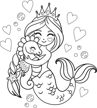 Princess mermaid hugs a seahorse. Vector illustration for coloring book 