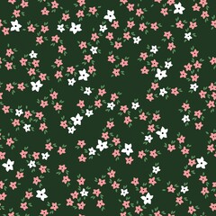 Seamless vintage pattern. small white and pink flowers, green leaves. dark green background. vector texture. fashionable print for textiles, wallpaper and packaging.