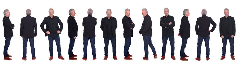 line of large group of same men various poses on white background