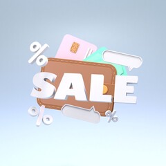 The concept of discounts and savings on purchases. Sale sign. 3d rendering illustration.