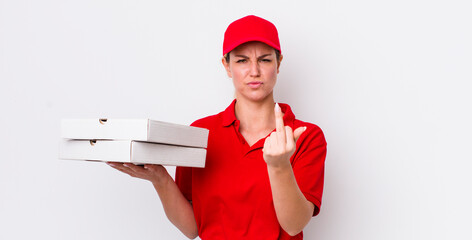blonde pretty woman feeling angry, annoyed, rebellious and aggressive. pizza delivery concept