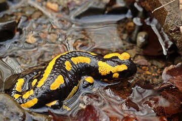 Im Bach sitzender Feuersalamander (Salamandra salamandra)