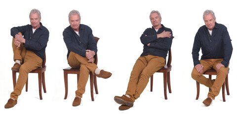 various poses of same men sitting on chair on white background