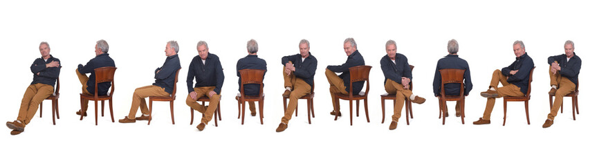 various poses of large group  of same men sitting on chair on white background