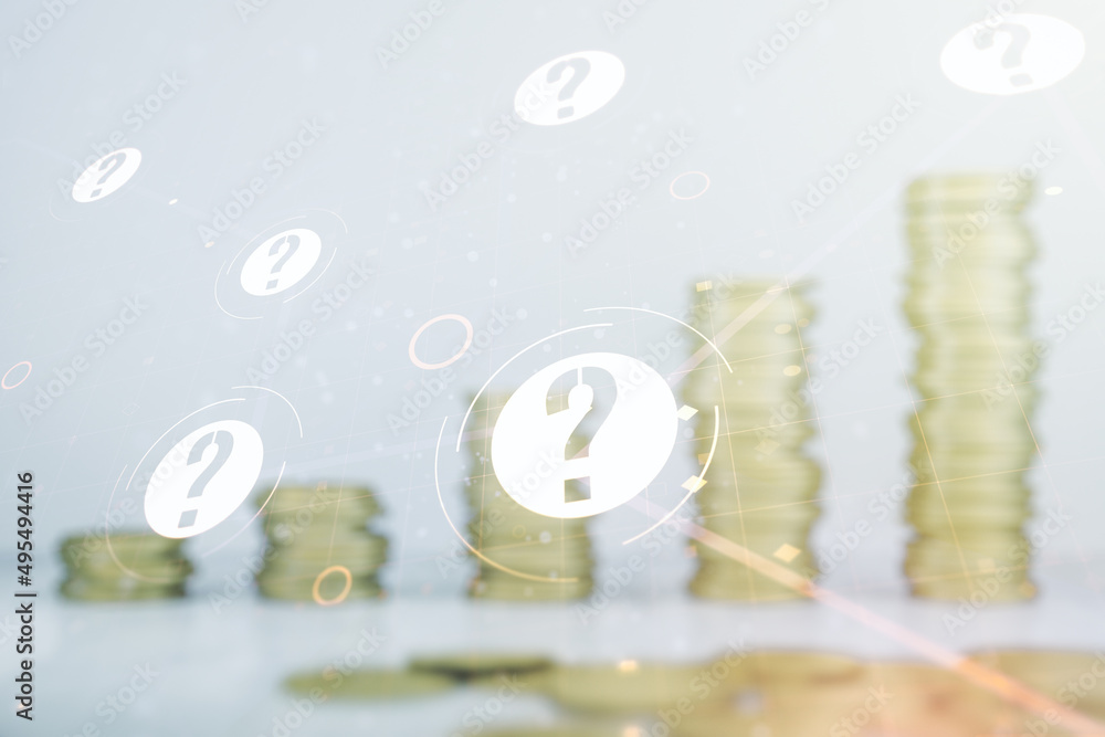 Aufkleber Abstract virtual question mark illustration on stacks of coins background. FAQ and search concept. Multiexposure