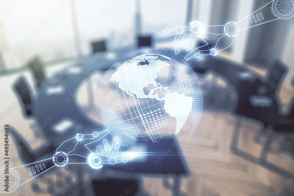 Aufkleber abstract virtual robotics technology hologram with globe on a modern coworking room background, arti