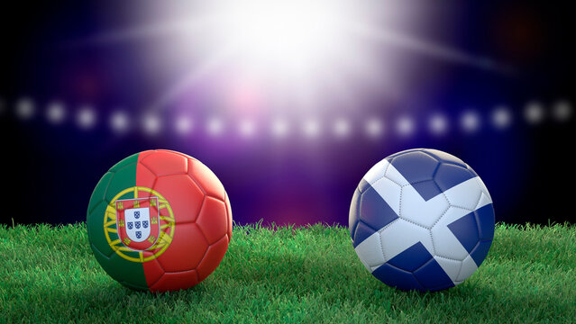 Two soccer balls in flags colors on stadium blurred background. Portugal and Scotland. 3d image