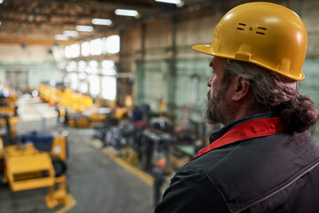 Rear view of foreman in hardhat watching for the process in factory from the top floor
