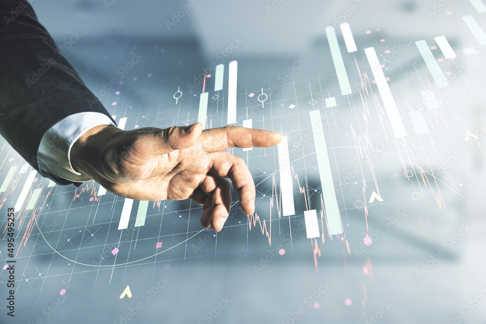 Poster multi exposure of man hand with pen working with abstract virtual financial graph on blurred office 