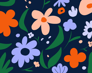 Garden flower, plants ,botanical ,seamless pattern vector design for fashion, fabric, wallpaper and all prints on dark background color. Small colorful flowers. Seamless pattern vector design