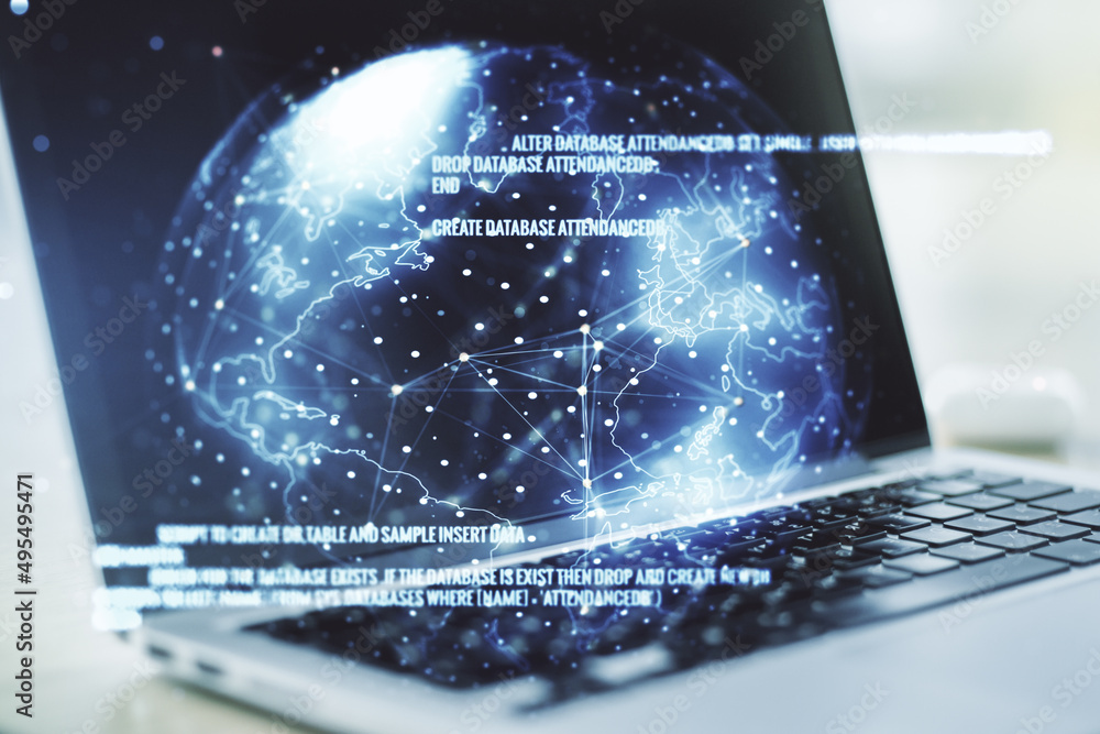 Poster double exposure of abstract creative programming illustration with world map on computer background,