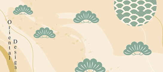 Japanese aesthetic background pattern. Tradition oriental design style banner card with geometric elements and abstract shapes. Retro art with fields and bushes in beige and green colors.