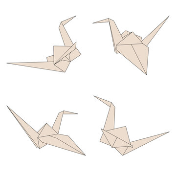 Origami paper cranes set, paper bird as symbol of peace and freedom different views for design cards and banners
