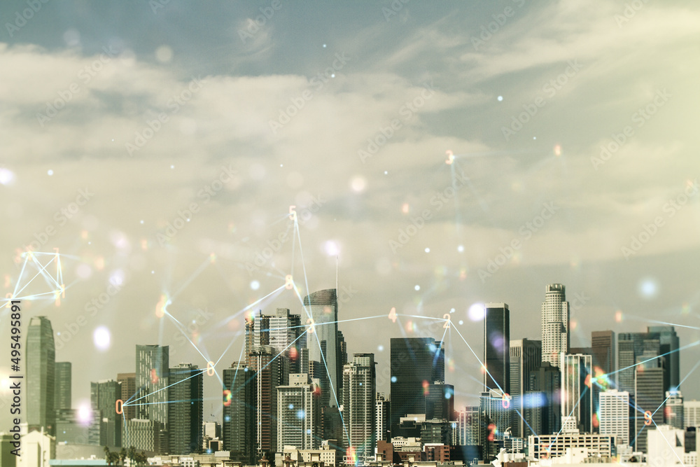 Poster abstract virtual wireless technology hologram on los angeles skyline background. big data and databa