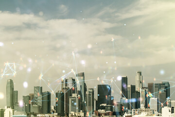 Abstract virtual wireless technology hologram on Los Angeles skyline background. Big data and...