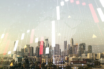 Fototapeta premium Abstract creative financial graph interface and world map on Los Angeles skyline background, forex and investment concept. Multiexposure