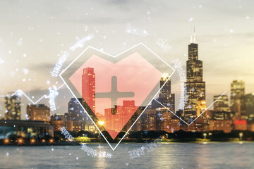 Abstract virtual heart pulse hologram on Chicago cityscape background, online medical consulting...