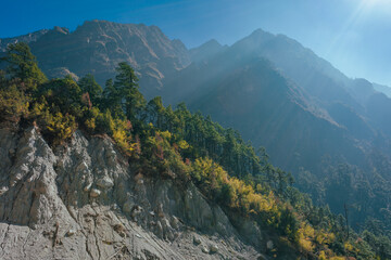 Mountain landscape Himalayas. rivers and jungle Nepal. mountain meditation 
