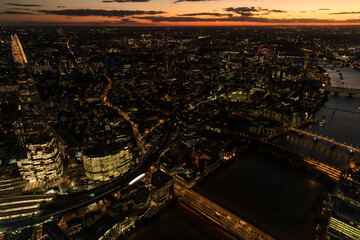 Aerial illuminated London city the financial business center