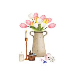 Watercolor Easter composition vase with tulip flowers bouquet, candles, eggs and cupcake isolated on white background. Spring Easter holiday illustration