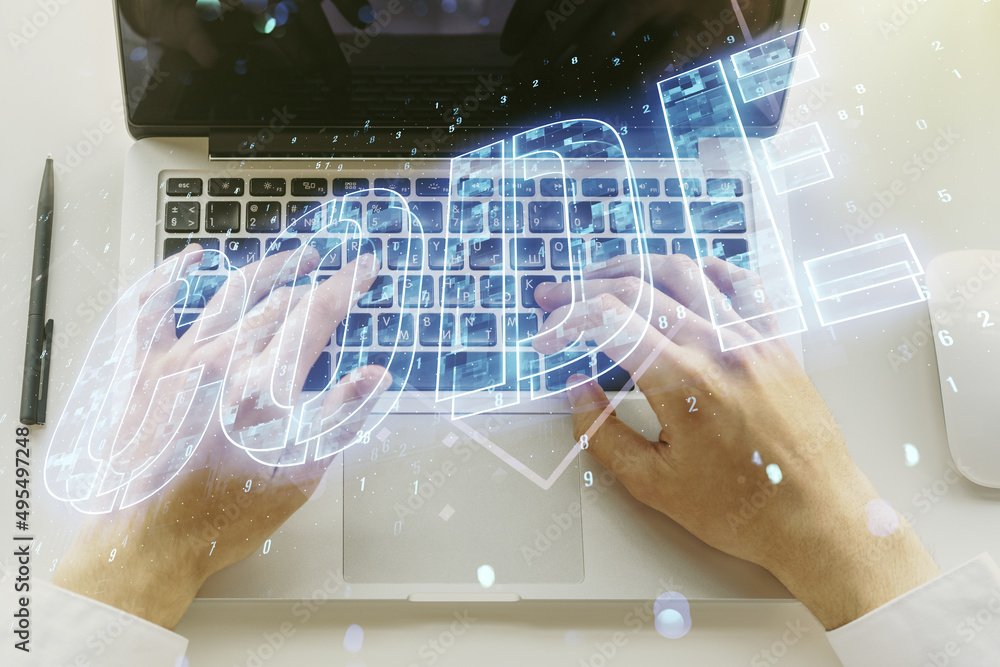 Poster creative code word hologram and hands typing on computer keyboard on background, artificial intellig