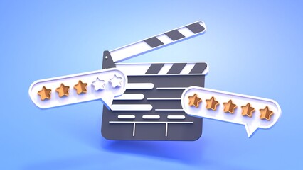 Movie clapperboard with good evaluation comments and stars. The concept of online views and ratings. 3d rendering