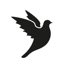 Flying bird black silhouette. Dove with open wings. Vector isolated on white.