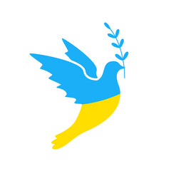 Dove of peace on Ukrainian flag. White bird with brunch of peace. Vector isolated on white background.