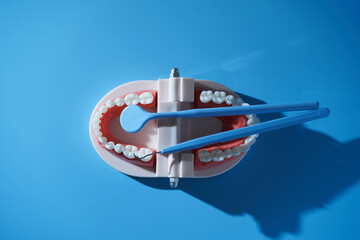 Teeth model with dental instruments on blue background